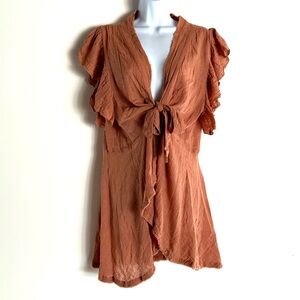 Free People One Boho Gauzy Terra Cotta Orange Tie Front Top Shirt Blouse